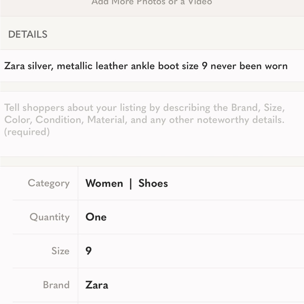 Zara, silver metallic leather ankle boot size 9 original price was $229,